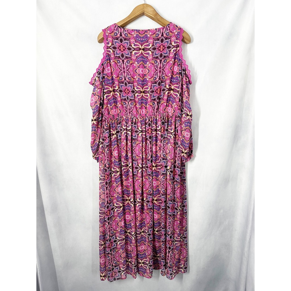 Lane Bryant Cold Shoulder Lace Trim Pink Paisley Maxi Dress Women's Size 18 - Picture 7 of 13